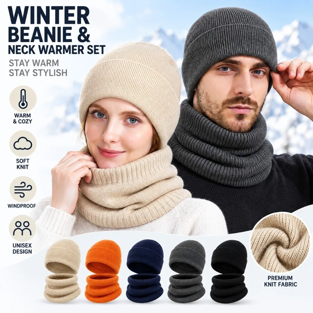 Solid Color Knitted Beanies Stretch Knitted Ear Protection Winter Hat Crochet Design Windproof Pullover Hat Neck Warmer