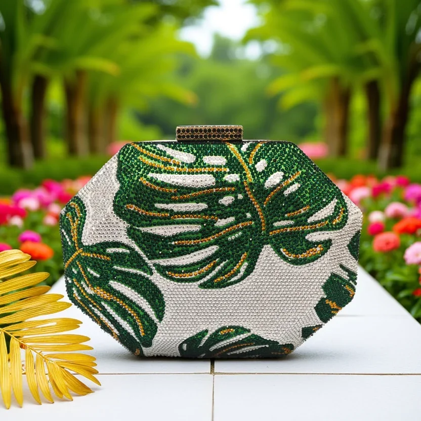 

Green Leaf Diamond Evening Bag Gold Crystal Wedding Prom Clutches Formal Lady Rhinetone Chain Shoulder Handbags Party Purse