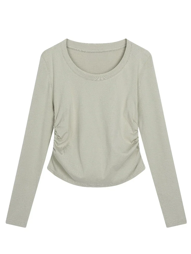 2026 Autumn Winter Long Sleeve O-Neck Slim Side Pleats Solid Versatile Tee Women T-Shirt Korean Style Simple Base Layer Tops