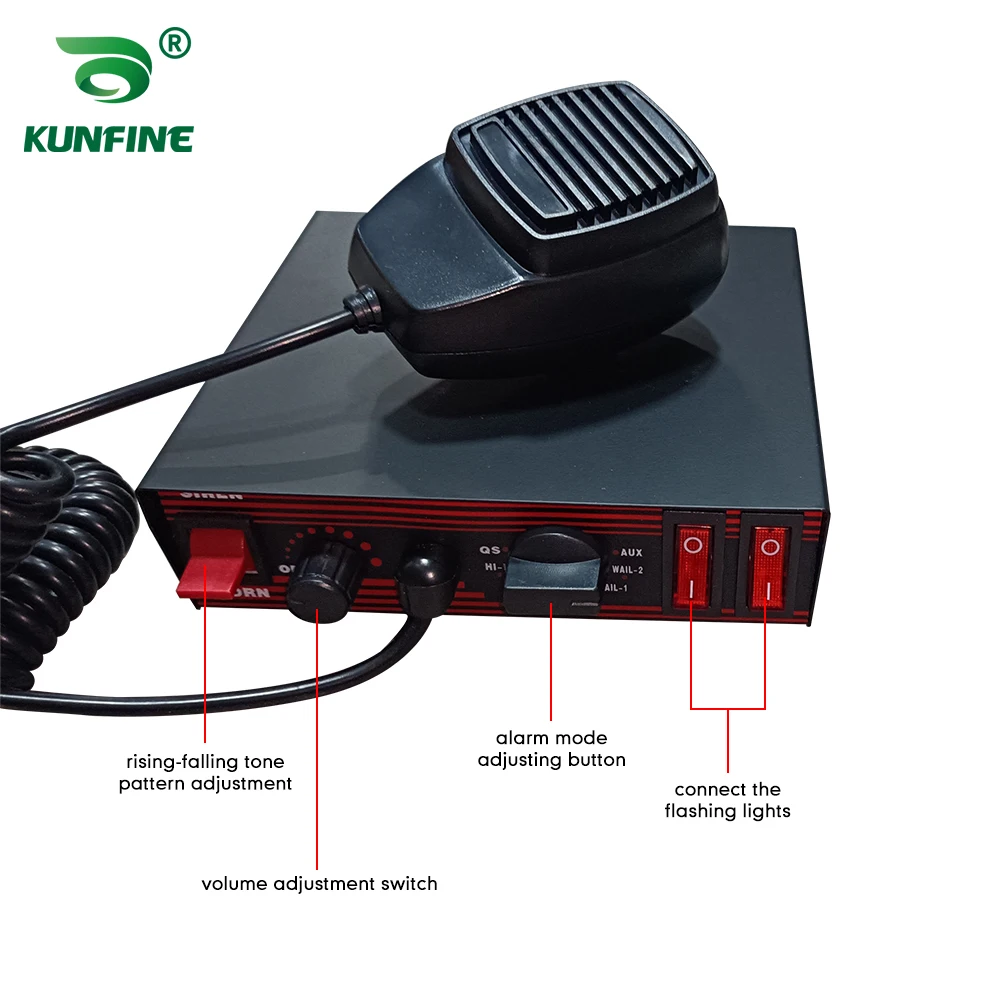 KUNFINE 12V 24V Federal Signal 200W Vehicle Warning Horn Police Wireless Car Siren 10 tones with Microphone 2 light switches