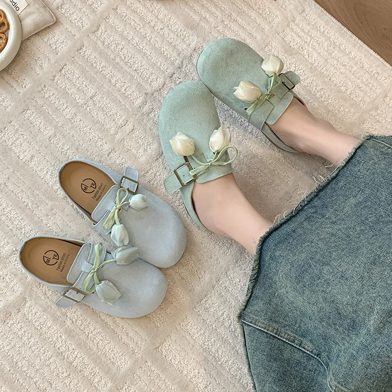 2025, modische Damen-Pantoletten mit Tulpenakzent, Slip-On-Clogs für Damen mit weicher Sohle, elegante geschlossene Hausschuhe, passend zum Kleid