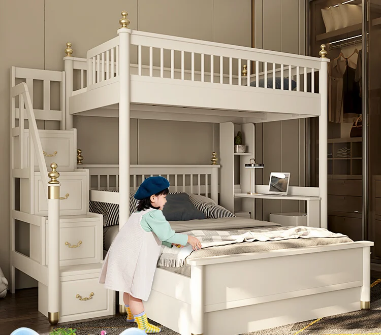 

Staggered upper and lower beds Double-layer all-solid wood children's upper and lower bunk mother and child beds Small apartment