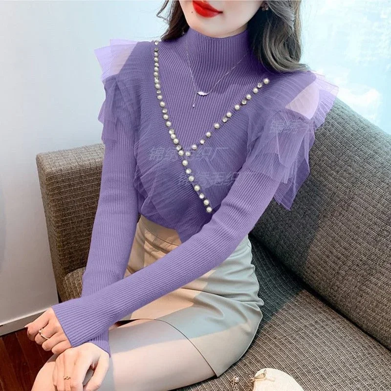 Autumn Winter New Off Shoulder Slim Pullovers Top Long Sleeve Net Yarn Patchwork Elegant Sweaters Korean Fashion Women Clothing