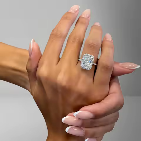 1/2Carat Radiant Cut Moissanite Engagement Ring for Women 100% 925 Sterling Silver Halo Diamond Wedding Rings with Certificate