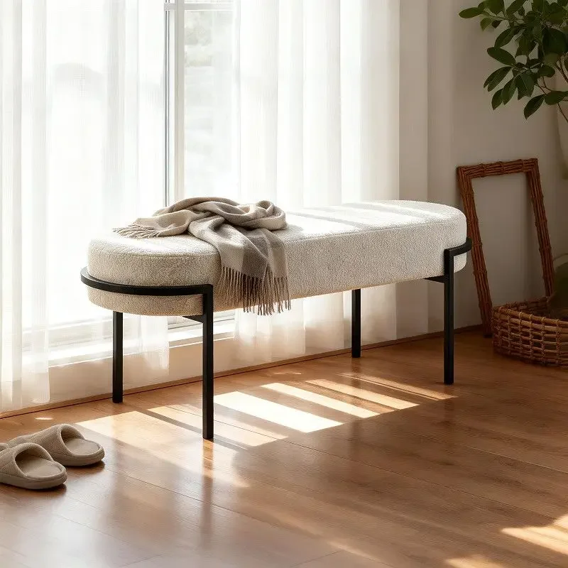 Retro Print Pattern Upholstered Entry Bench Thin Metal Frame Padded Long Stool For Bedroom Footrest Hallway Decor Furniture