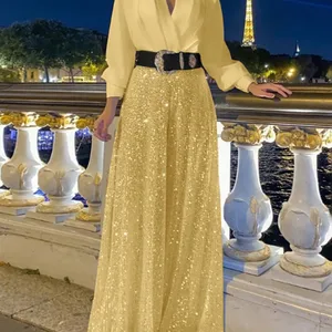 2024 Herbst neue Frauenmode mit V -Sleeve -Shirt eleganter sexy Ärmel mit Sex -Ausschnitt seilviert das glückliche Limarbein 10 Hauptverkaufs -Pailletten -Jumpsuit - №1