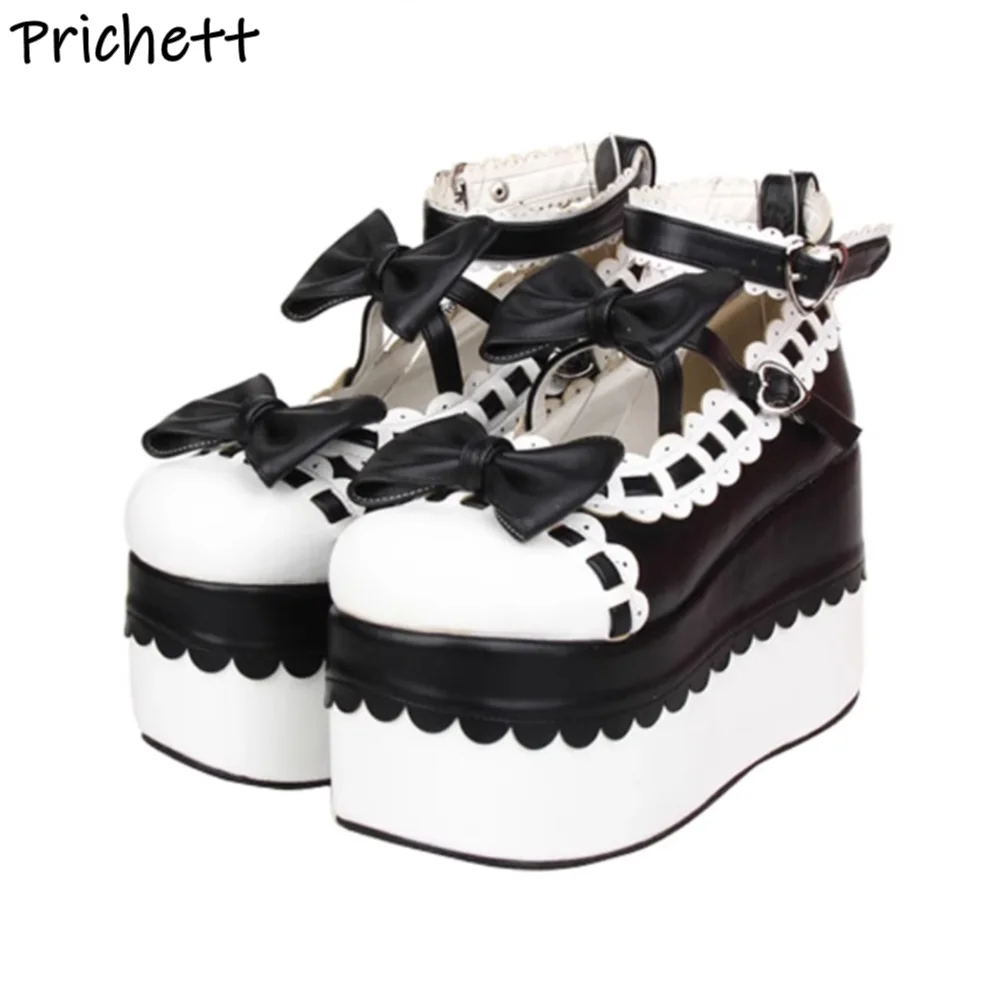 

Black White Butterfly Knot Pumps Thick Soled Heart Buckle Round Toe Lovely Lolita Shoes Women's Sweet Mixed Color Dress Shoes