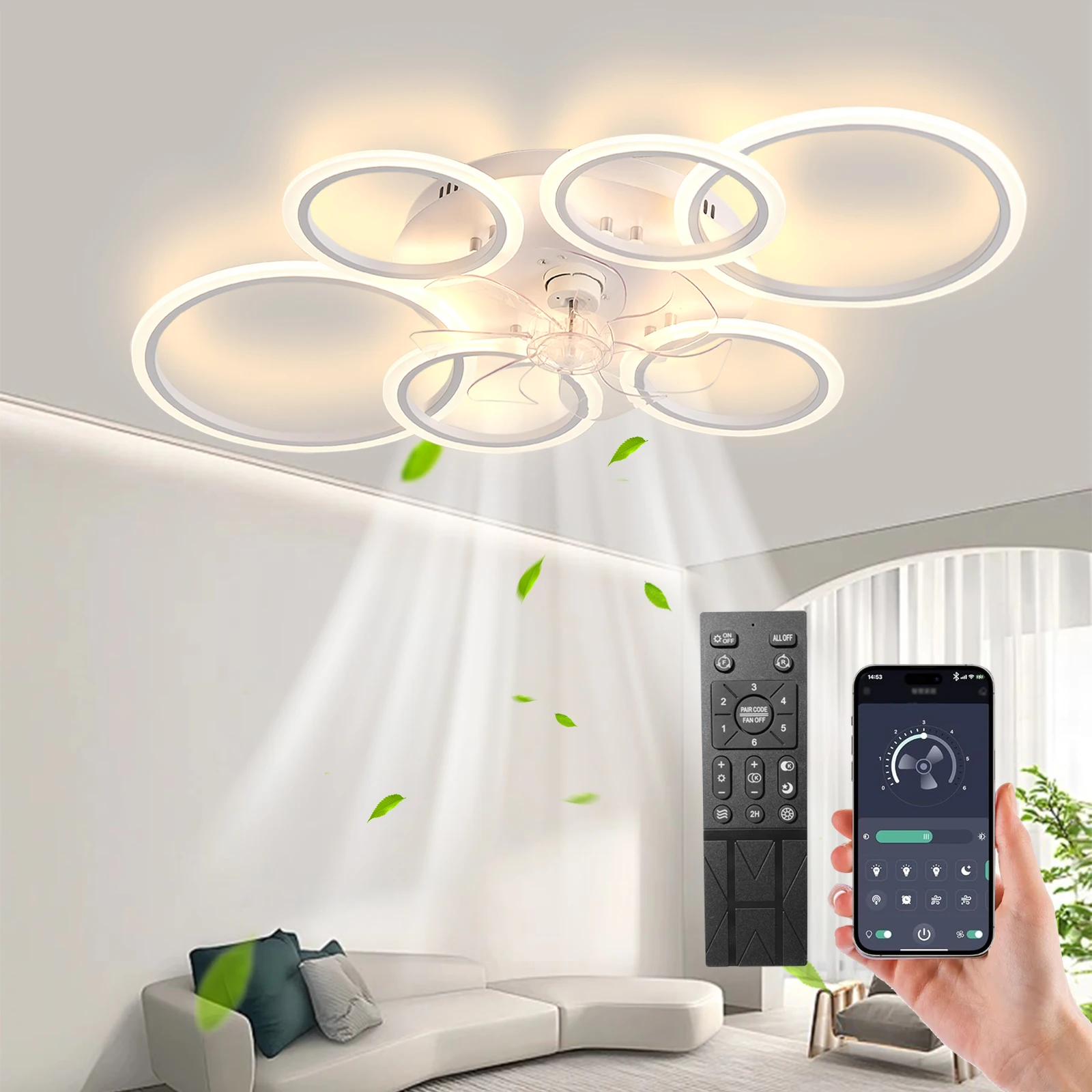 LED Deckenventilator mit Beleuchtung, 110CM Lampe mit Ventilator Und Fernbedienung APP, 105W Deckenlampe Mit Ventilator Deckenve