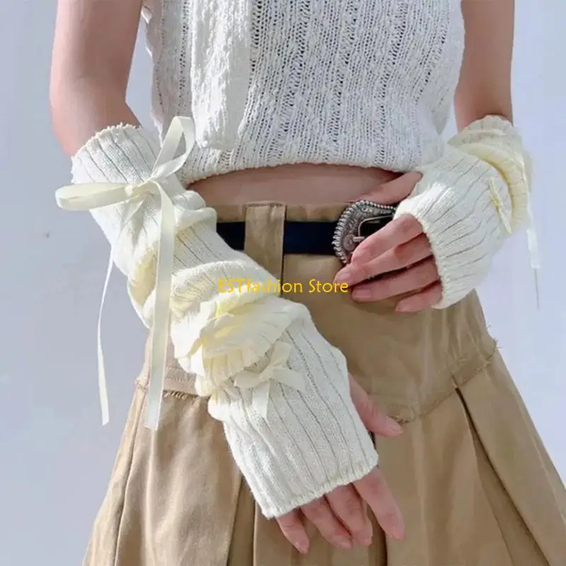 Y5GC 2000s Arm Warmer Knitted Arm Sleeves for Women and Teens Bowknot Mittens Fingerless Arm Covers for Theme Event Gathering