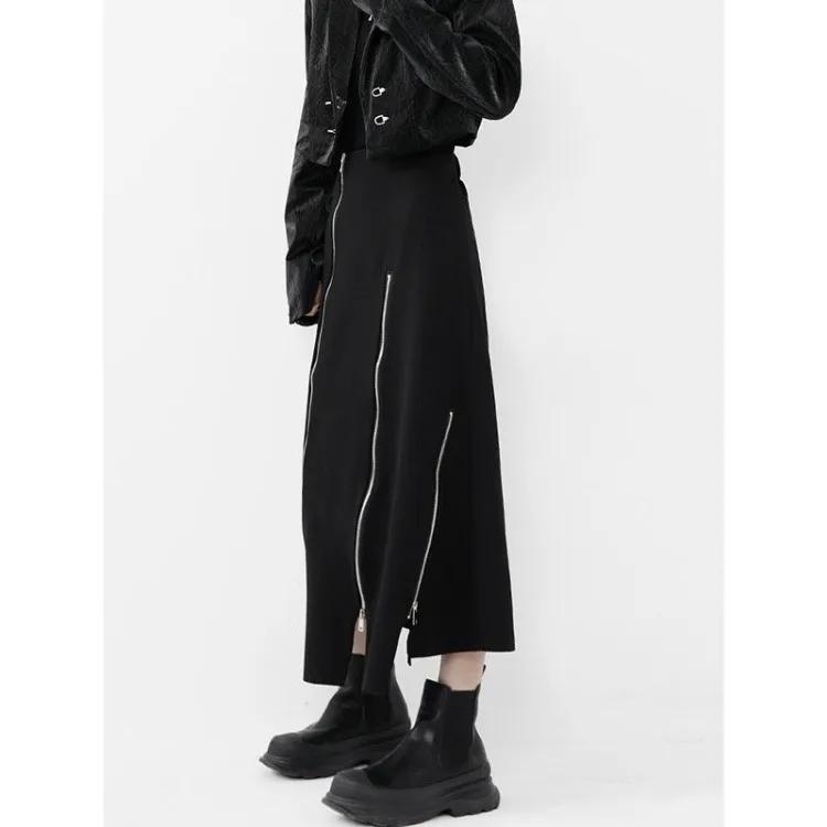 Harajuku gonna lunga donna nero vita alta a-line cerniera divisa irregolare moda giapponese Midi autunno Streetwear