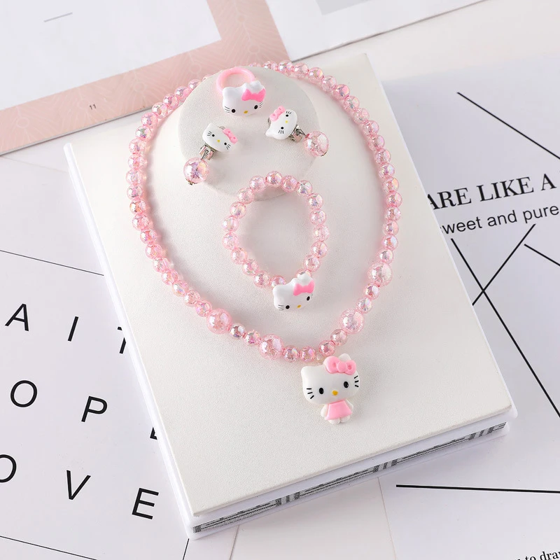 4pcs/set Sanrio Cartoon Hello Kitty Necklace Finger Ring Bracelet Set Kawaii Birthday Gifts For Girls Jewelry Accessories