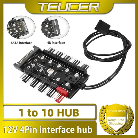 PC Cooler Fan HUB 1 to 10 PWM 12V 4Pin Splitter Extension Supply Socket SATA Concentrator