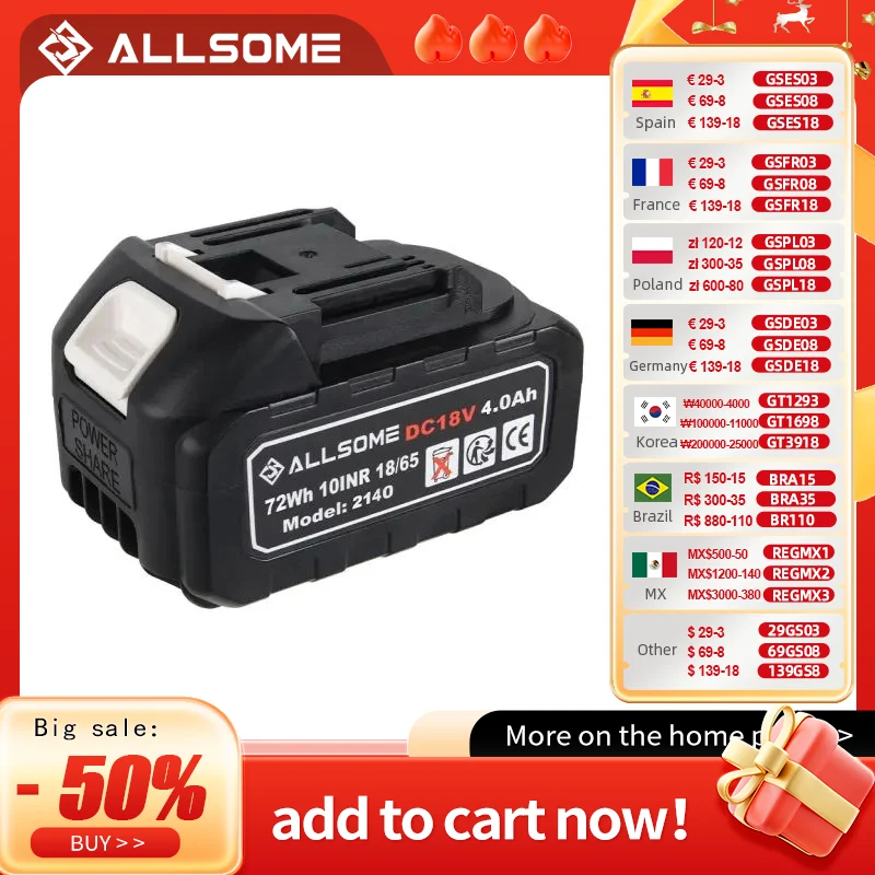 Allsome 18V Rechargeable Battery for Cordless Drill Saw Screwdriver Wrench Angle Grinder Brushless Power Tools