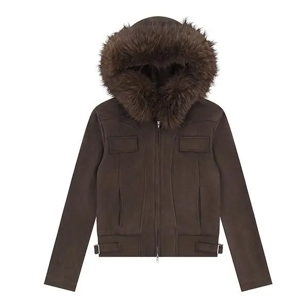 

New American Harajuku Hot Girl Fur Collar Short Jacket Korean Women Retro Fashion Vintage Casual Slim Hooded Cardigan Sweatshirt