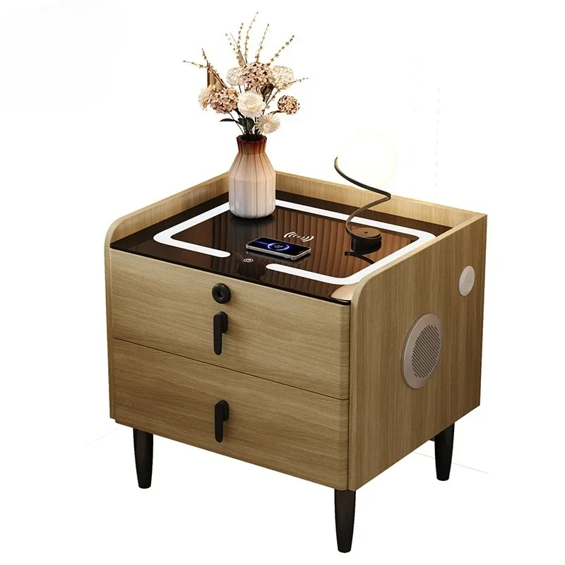 Luxury Nordic Led Bedroom Nightstand Ports Unique Design Smart Bedsides Table Storage Solid Wood Mesitas De Noche Furniture Home