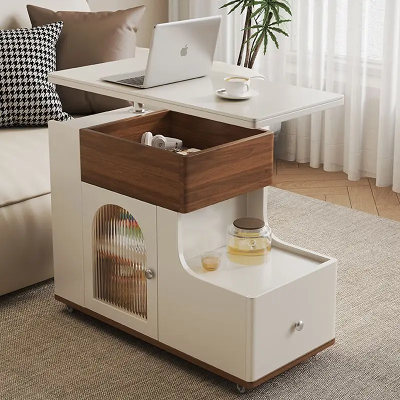 Movable side few small apartment lifting living room multi-functional simple double-layer sofa folding trolley solid wood