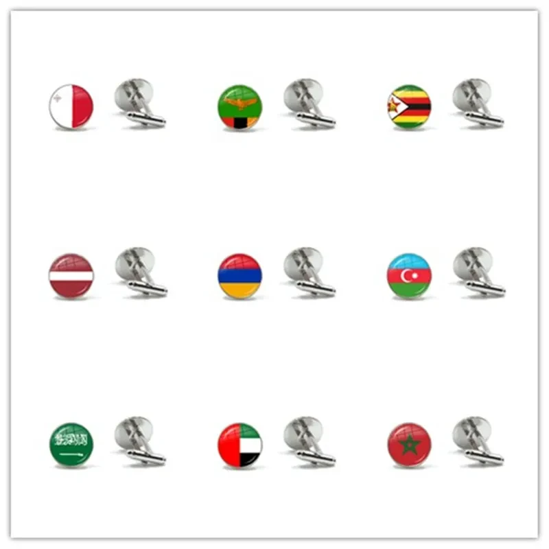 Azerbaijan Malta Zambia Zimbabwe Latvia Armenia  Saudi Arabia UAE Morocco National Flag 16mm Glass Cabochon Cufflinks For Men