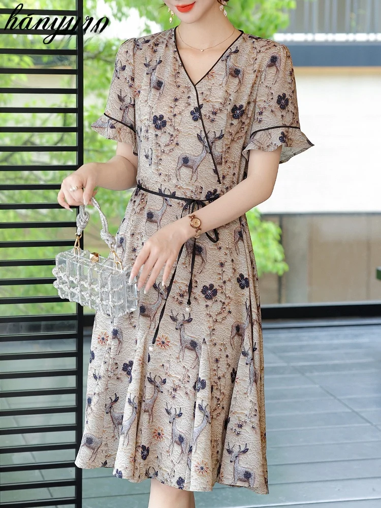 

Летнее модное шифоновое платье с цветочным принтом, свободного кроя, с V-образным вырезом, миди, для женщин среднего возраста, в корейском стиле