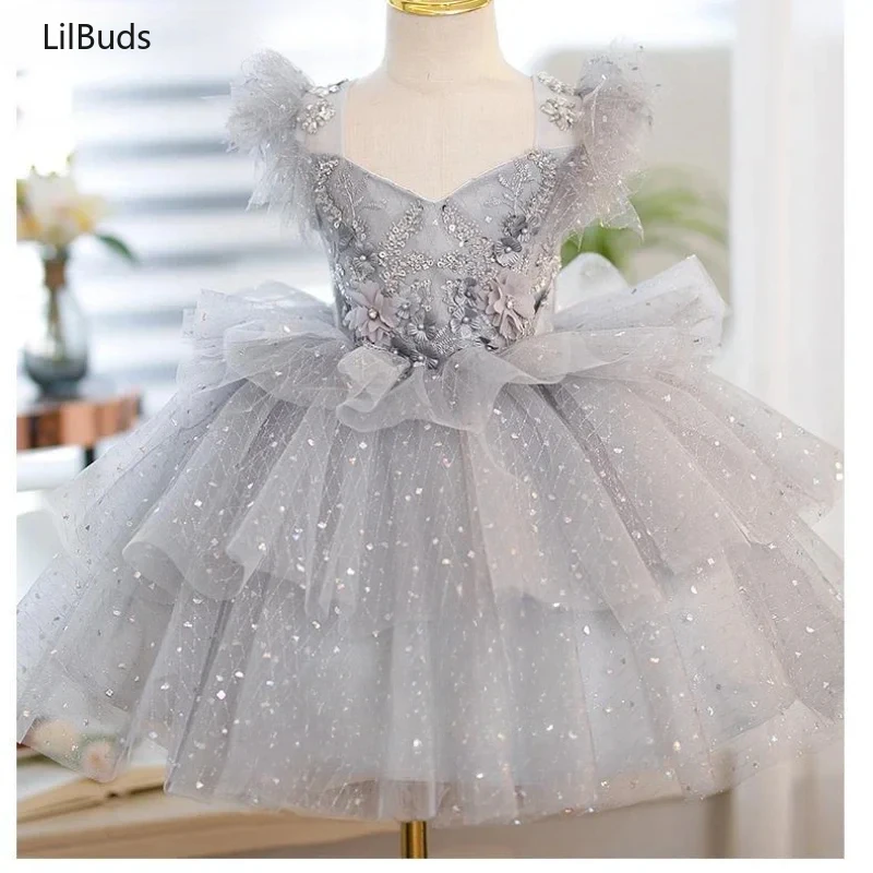 

2024 Kids Bubble Dresses for Girls Children Ball Gown V-Neck Performance Costume Matching Luxury Princess Fancy Sequins Tulle