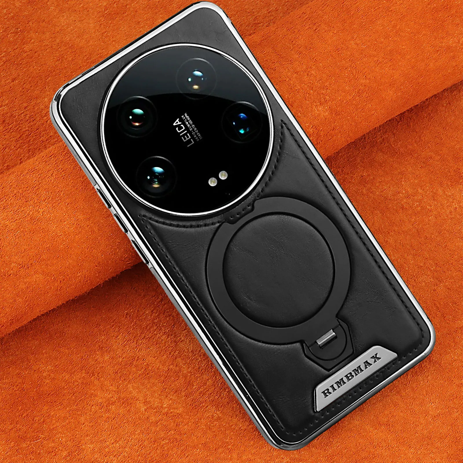 حافظة لهاتف Xiaomi 15 Ultra Magsafe من الجلد المنقوش بحافة مغطاة 360 درجة °   دوران قوس معدني غطاء مطلي بالكهرباء