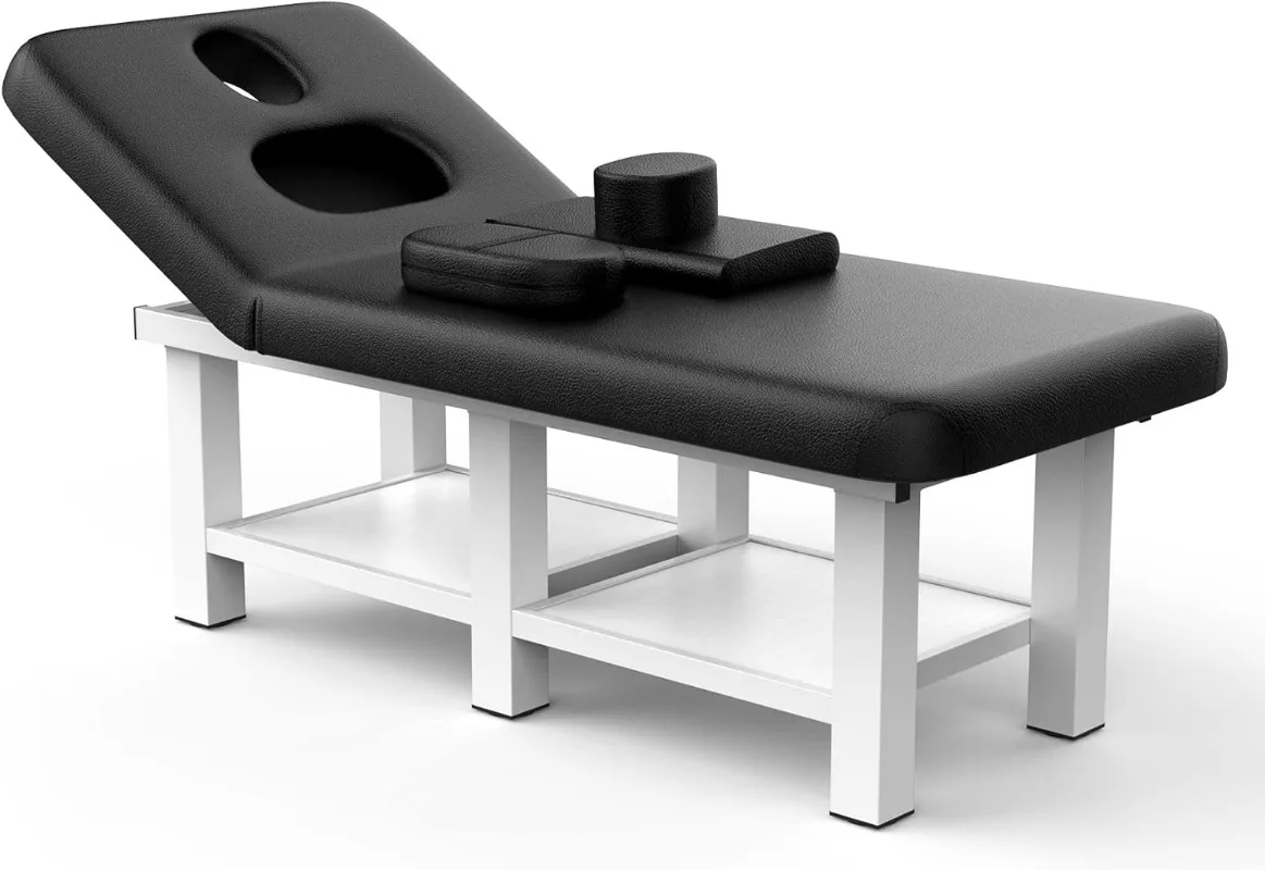 Professional Heavy-Duty Massage Table for Salon, Sturdy Metal Frame, Wide Stationary Spa Massage Bed, Adjustable Backrest PU Lea