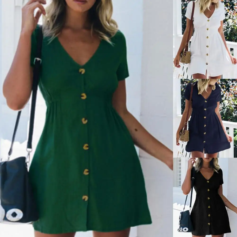 Summer Short Sleeve V Neck Button Down Swing Midi Dress Women 2024 Casual Style Solid Tunic With Pocket Beach Dresses