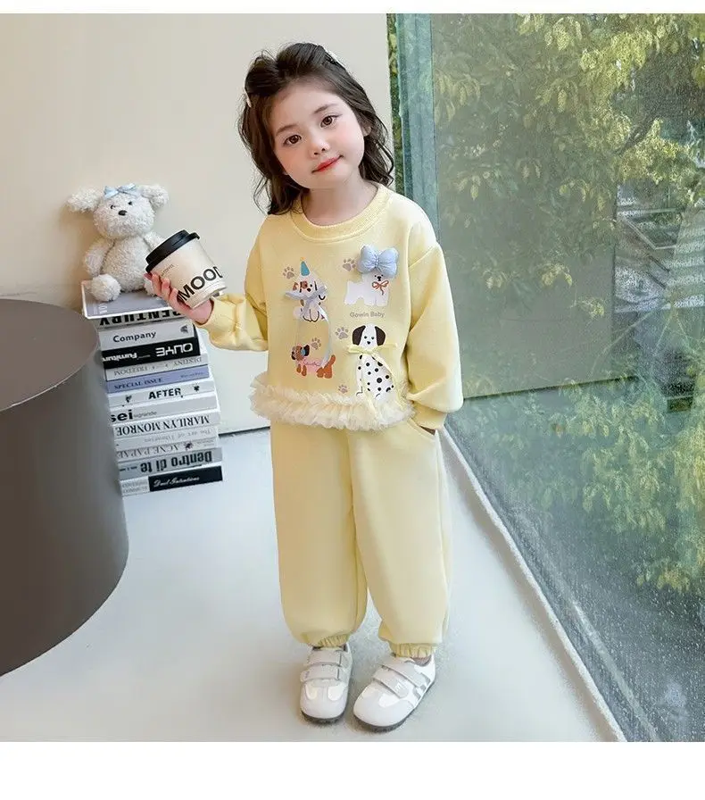 Neue Herbst-Babykleidungssets für Mädchen, niedliche Kinder-Sweatshirts mit Welpenmuster und Spitzenrüschen am Saum + Hosen, 2-teilige Freizeit-Outfits für Kinder, Prinzessinnen-Look – Detail 6