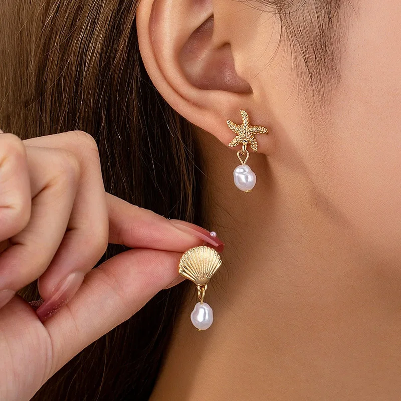 Trendy Popular Jewelry Creative Pearl Starfish Shell Zircon Drop Earrings Women Hot Sale in Europe and America Factory Direct