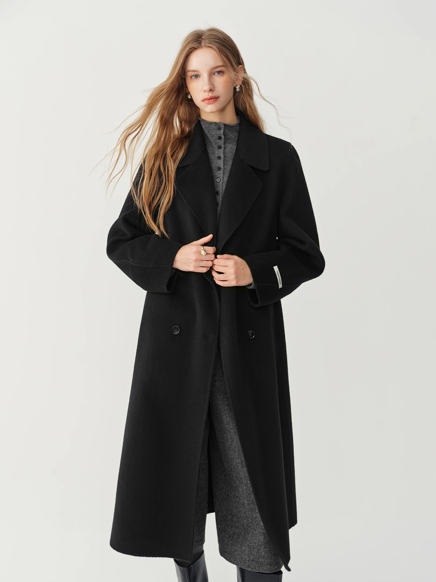 FSLE 2026 Winter Women's Chic Double-Faced Cashmere Blend Notch Lapel Long Coat - Elegant Classic Wool Outerwear for Daily Wear