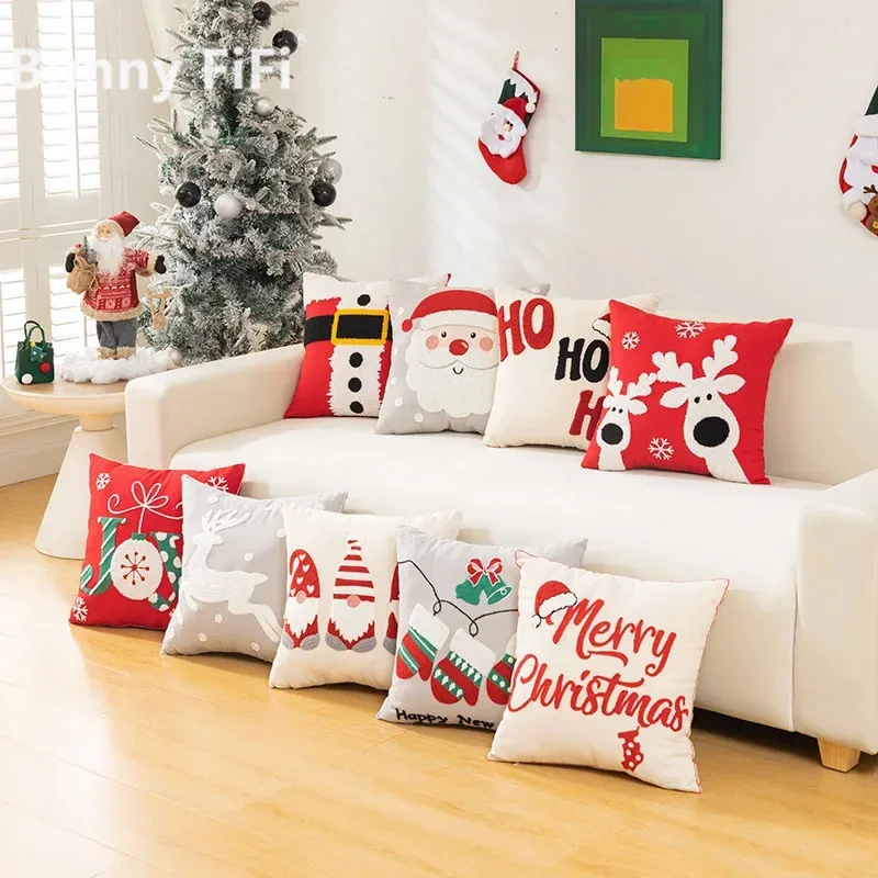 Christmas Pillow Covers Cartoon Letter Embroidered Pillow Case New Year Festive Cushions for Sofa Christmas Decoration 2023
