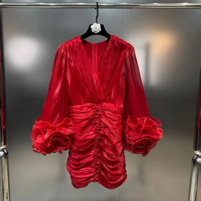 EAEOVNI Moda Scollo a V Pieghe Design Abito da donna Fiore Manica svasata Vita alta Slim Tinta unita Mini abiti 2025 Nuovi vestiti