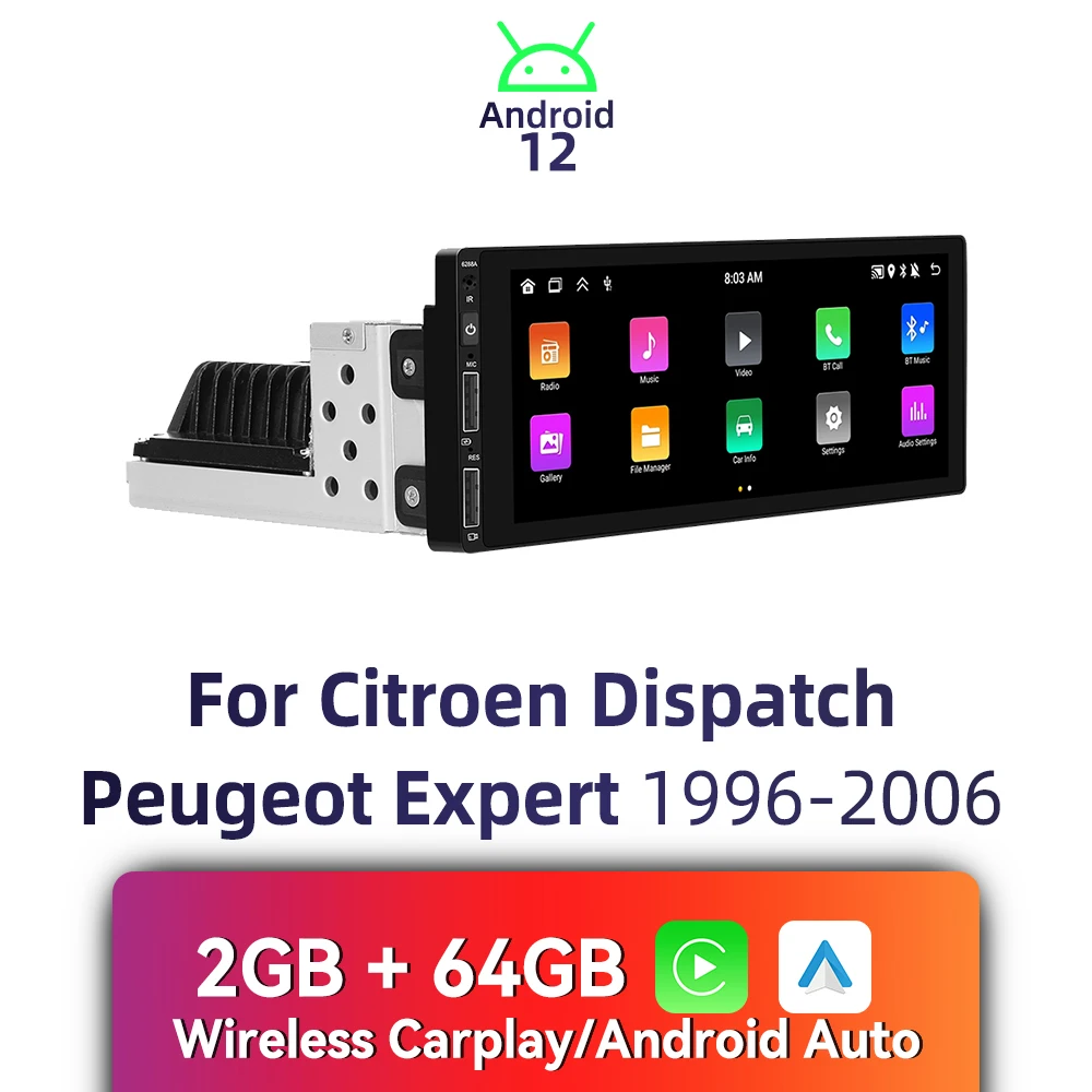 CarPlay Android Car Stereo 1 Din Head Unit for Citroen Dispatch Peugeot Expert 1996-2006 Autoradio with Navigation BT Multimedia