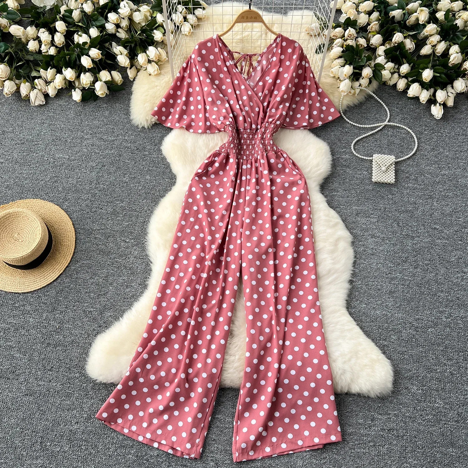 New Summer Polka Dot Romper Women Elegant V-Neck Short Sleeve High Waist Jumpsuit Female Loose Wide Leg Playsuits Fashion