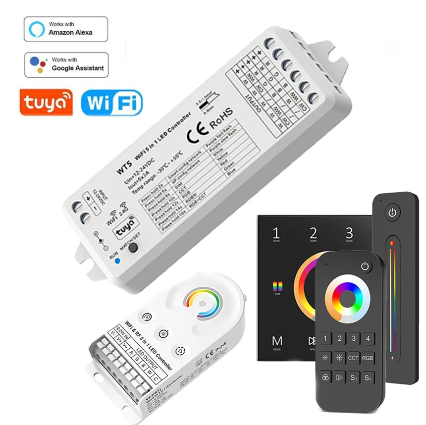 WT5 Tuya Wifi 5 in 1 Smart RGBCCT Led Controller RGB CCT RGBW RGBWW LED Strip Light Touch Panel 2.4G RF Wifi Controller