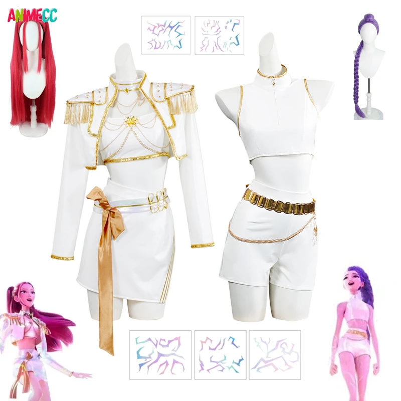 ANIMECC en Stock Huntrix Rumi Mira disfraz de Cosplay cazadores de demonios Cosplay traje blanco dorado peluca tatuaje traje de Halloween para mujeres
