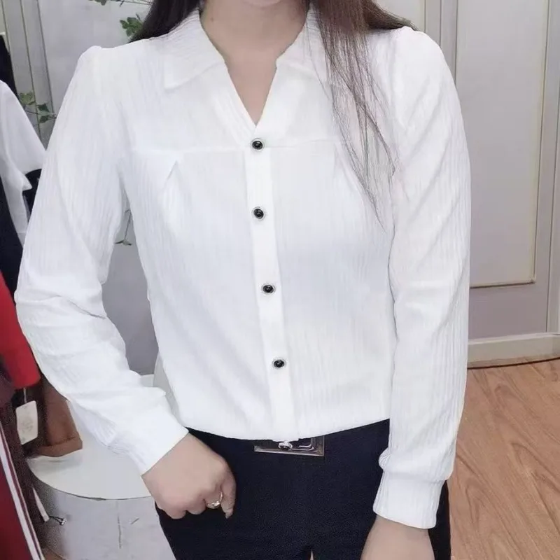 Women's White Textured V-Neck Long Sleeve Button Front Shirt