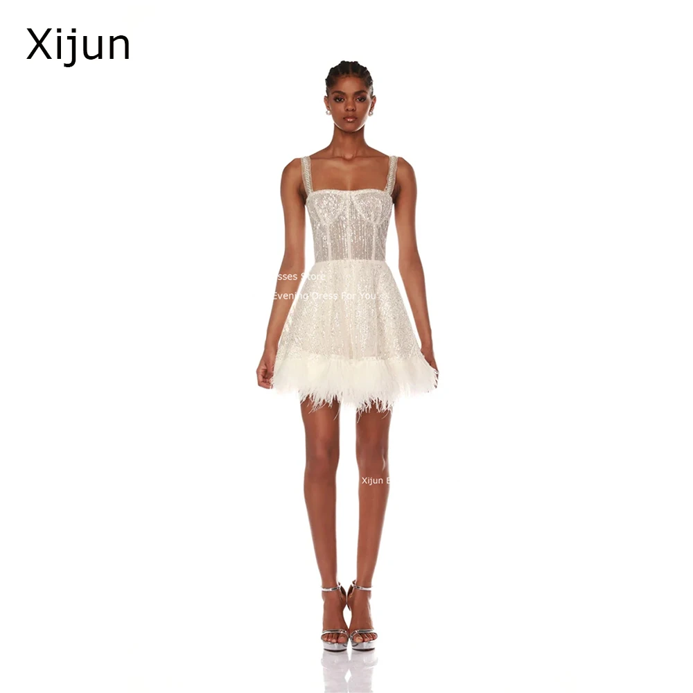 Xijun Short Feather Princess Evening Dresses Glitter Mini Length Prom Dresses Birthday Party Gowns 2023 Wedding Dress For Women