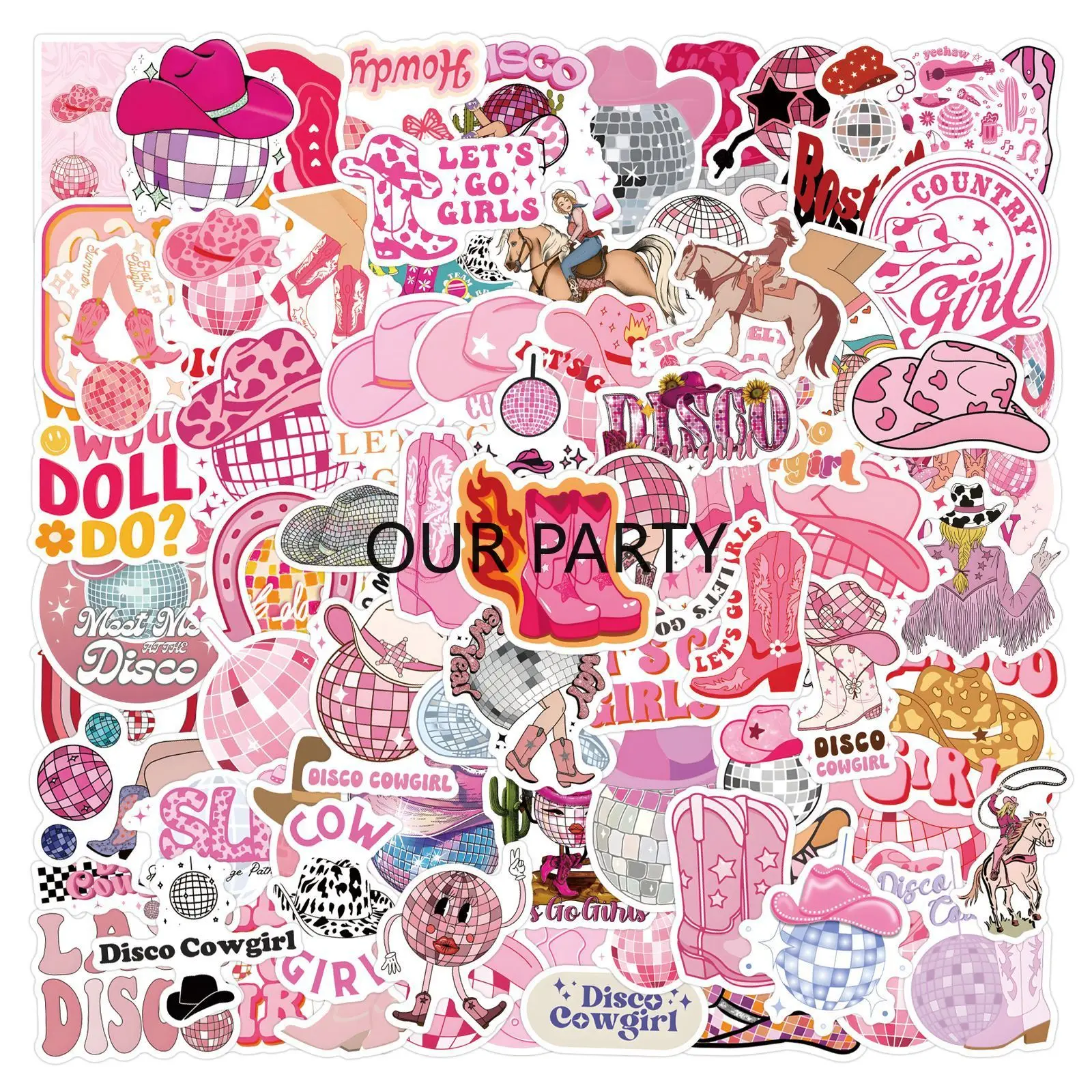 110Pcs Western Disco Cowgirl Theme Luggage Graffiti Stickers for 80s Girl Birthday Bachelorette Wedding Party Favors Decoration