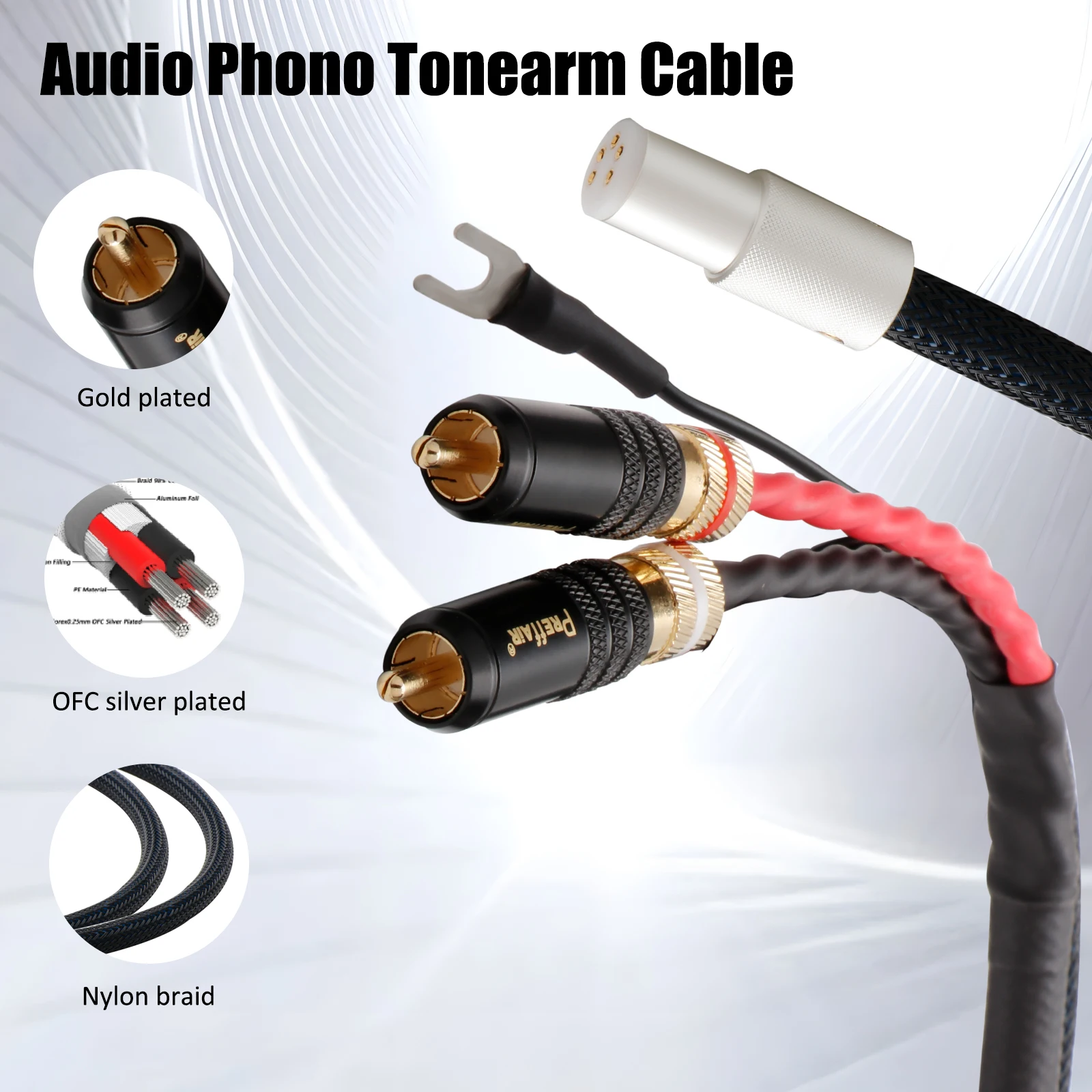 Nowy OFC posrebrzany z ekranem RCA 5-pinowy wtyk spadeowy DIN XLR U Kabel audio Phono Tonearm z przewodem uziemiającym