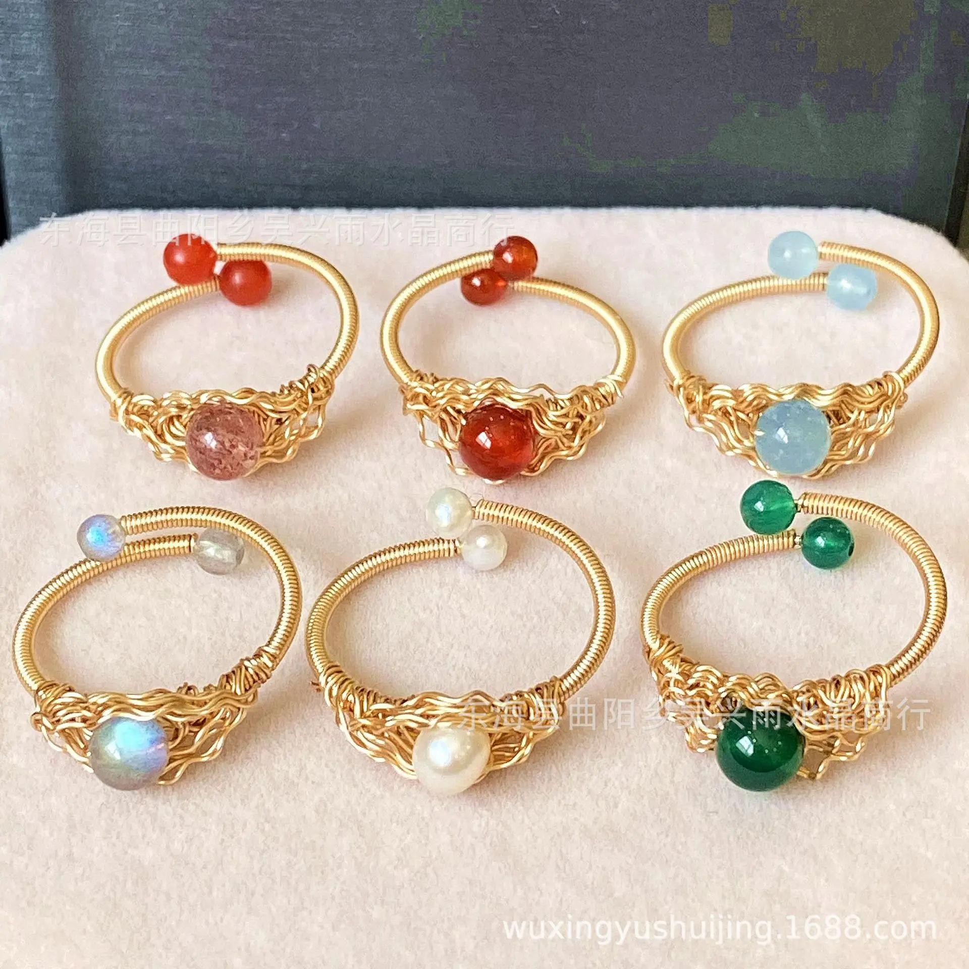 14k gold bag, freshwater white pearl, aquamarine, red and green agate, elongated stone, moonstone, strawberry crystal, ring ring