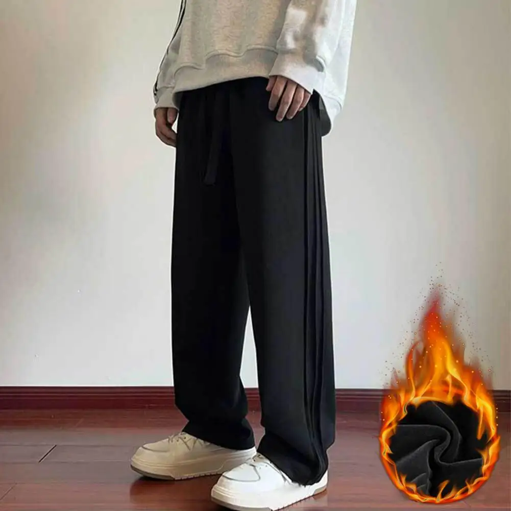 Men Sweatpants Striped Wide Leg Plush Warmth Elastic Waist Fleece Pants Fall/winter