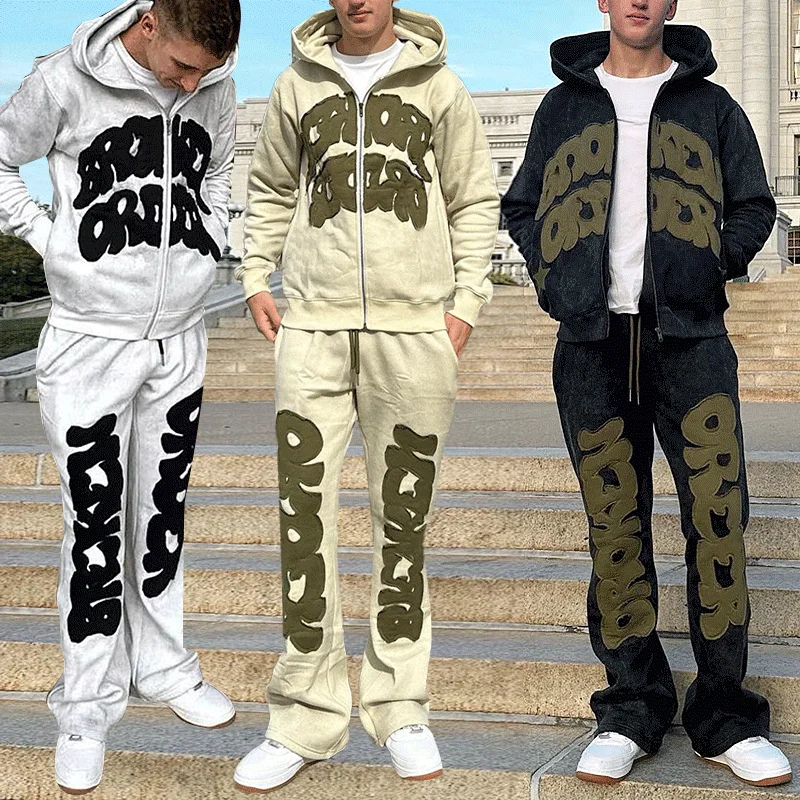 54Custom Applique Logo Wash High Quality 100% Cotton Flared Sweatpants And Zip Up Hoodie Sets Sweatsuit