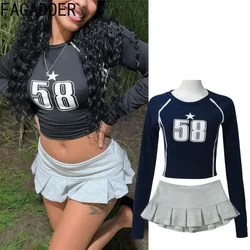 FAGADOER Y2k Fashion Women 2 Piece Set Outfit Letter Printing Slim Crop Tops and Pleated Skirt Suits Female Streetwear 2025 New