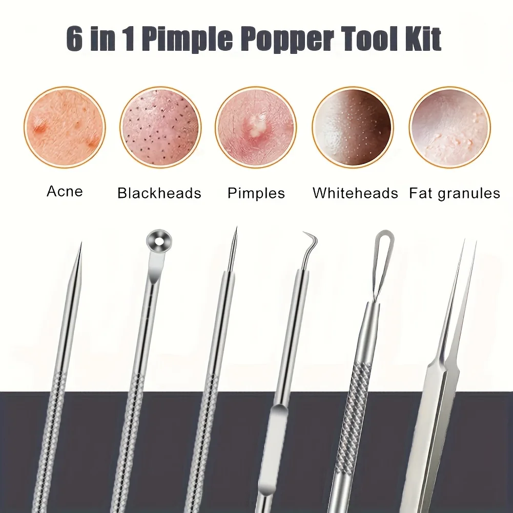 Aço inoxidável Acne Clipe Blackhead Remoção Tool Set-Pinças, Beleza Ferramenta Agulha Facial, 6 pcs por conjunto