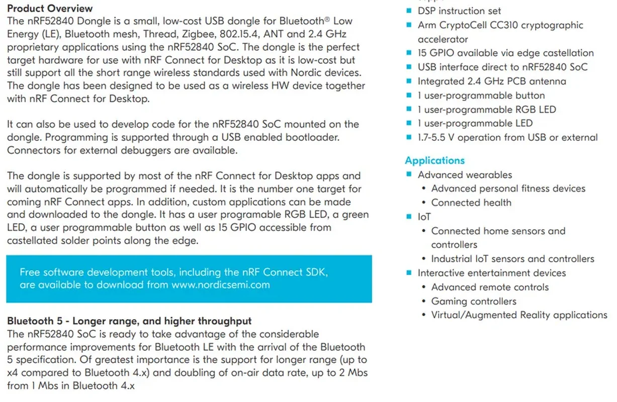 nRF52840-Dongle Designed for nRF Connect for Desktop Bluetooth 5.3 Bluetooth mesh Thread Zigbee 802.15.4 ANT and 2.4 GHz