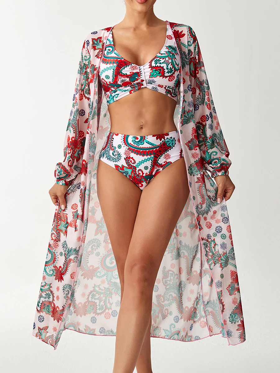 

3 Pieces Printed Bikinis 2026 Solid With Kimono Swimsuit Women Sexy Swimwear Female Bathers Bathing Swimming Swim Suit Beachwear