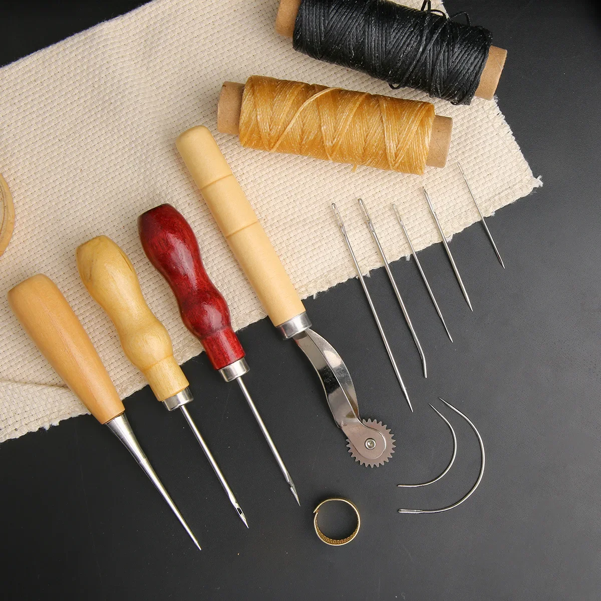 14PCS Leather Craft Sewing Kit Waxed Thread Wooden Handle Hand Sewing Needles For Beginner Leather Repair Stitching Sewing Tool
