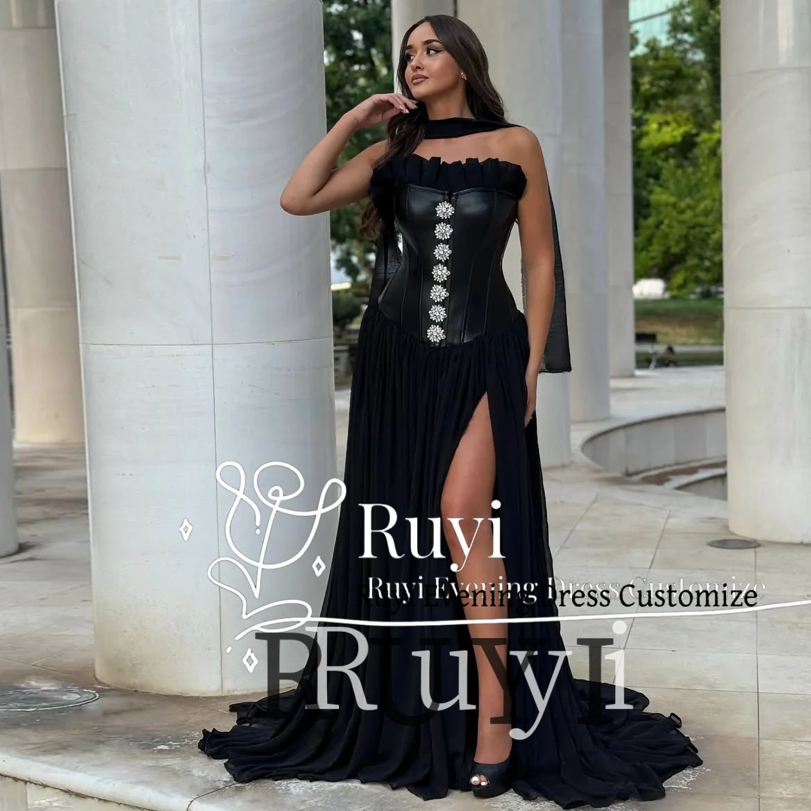 

Черное вечернее платье трапециевидной формы с разрезом по бокам, расшитое бисером, 2025, женское свадебное элегантное вечернее платье, платье для выпускного вечера