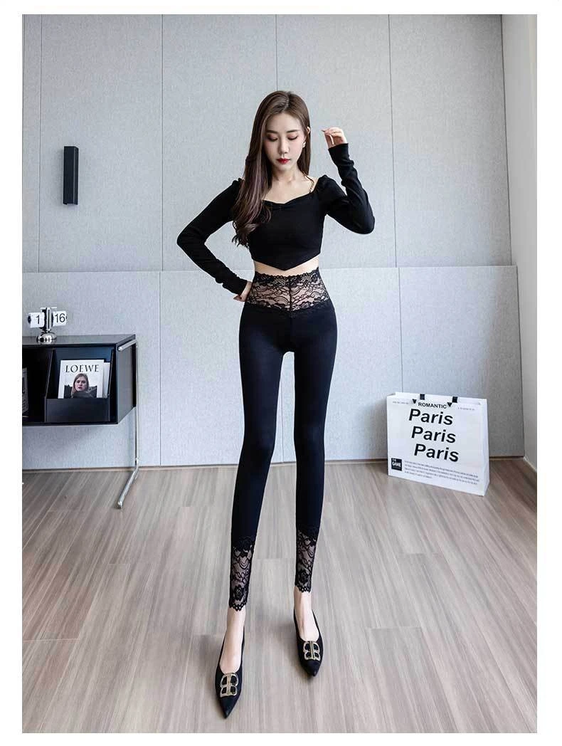 Modale Leggings für Damen, hohe Taille, sexy Spitze, schlank, dehnbar, atmungsaktiv, allein zu tragen, Frühling, Herbst, Basisschicht, Po-Lifting-Leggings – Detail 13