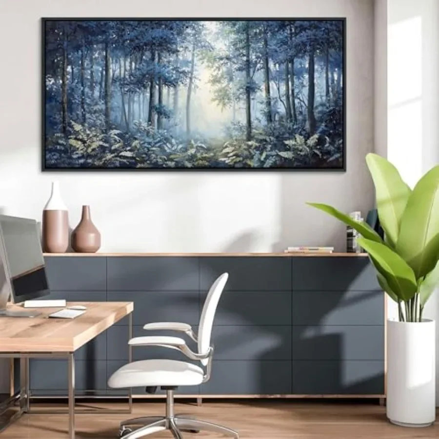 Forest Canvas Wall Art for Living Room - Navy Blue Landscape Pictures Wall Decor, Framed Nature Tree Artwork, 20×40IN